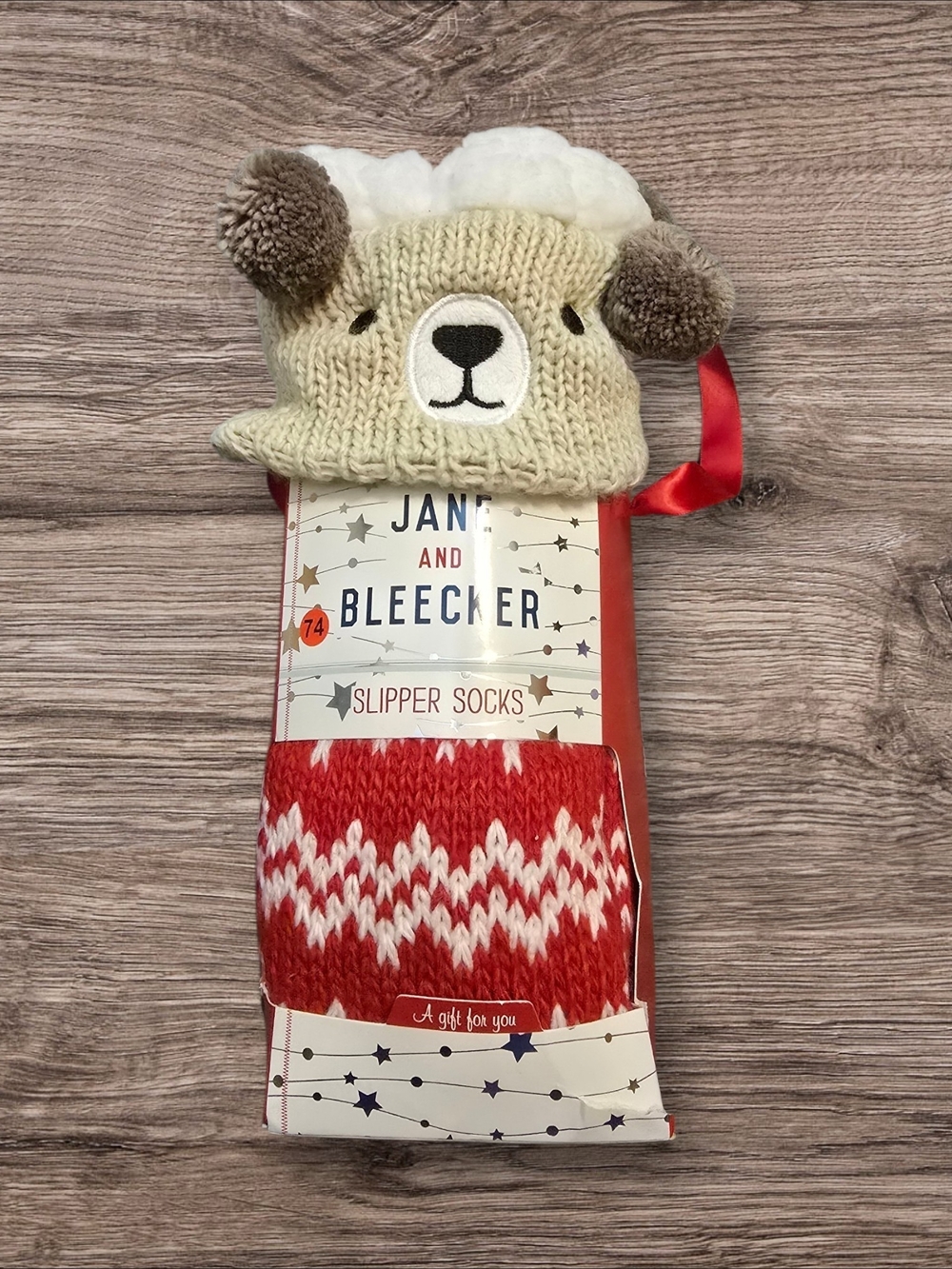 Jane and Bleecker Red and Cream Kids Knit Slipper Socks with Bear Hat